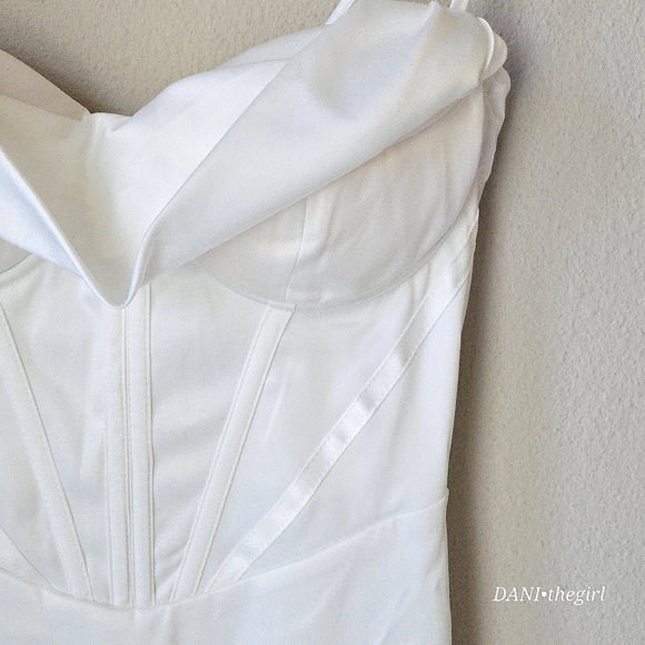 Glossy White Satin Draped Neck Corset Dress - Picture 6 of 10